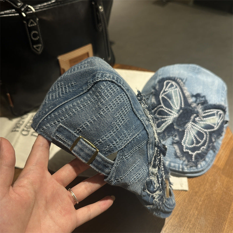 Y2K Rhinestone Butterfly Distressed Denim Newsboy Cap Streetwear Beret