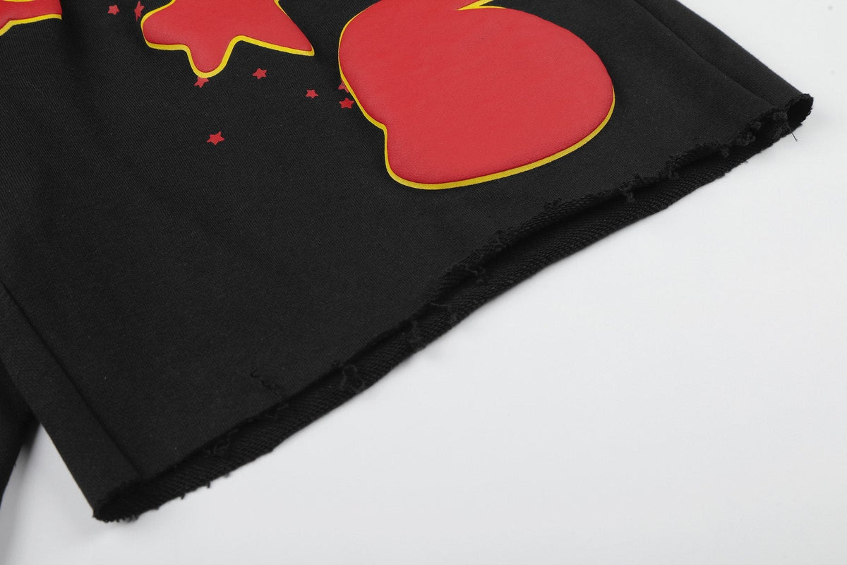 Sp5der Black Graphic Raw-Hem Shorts