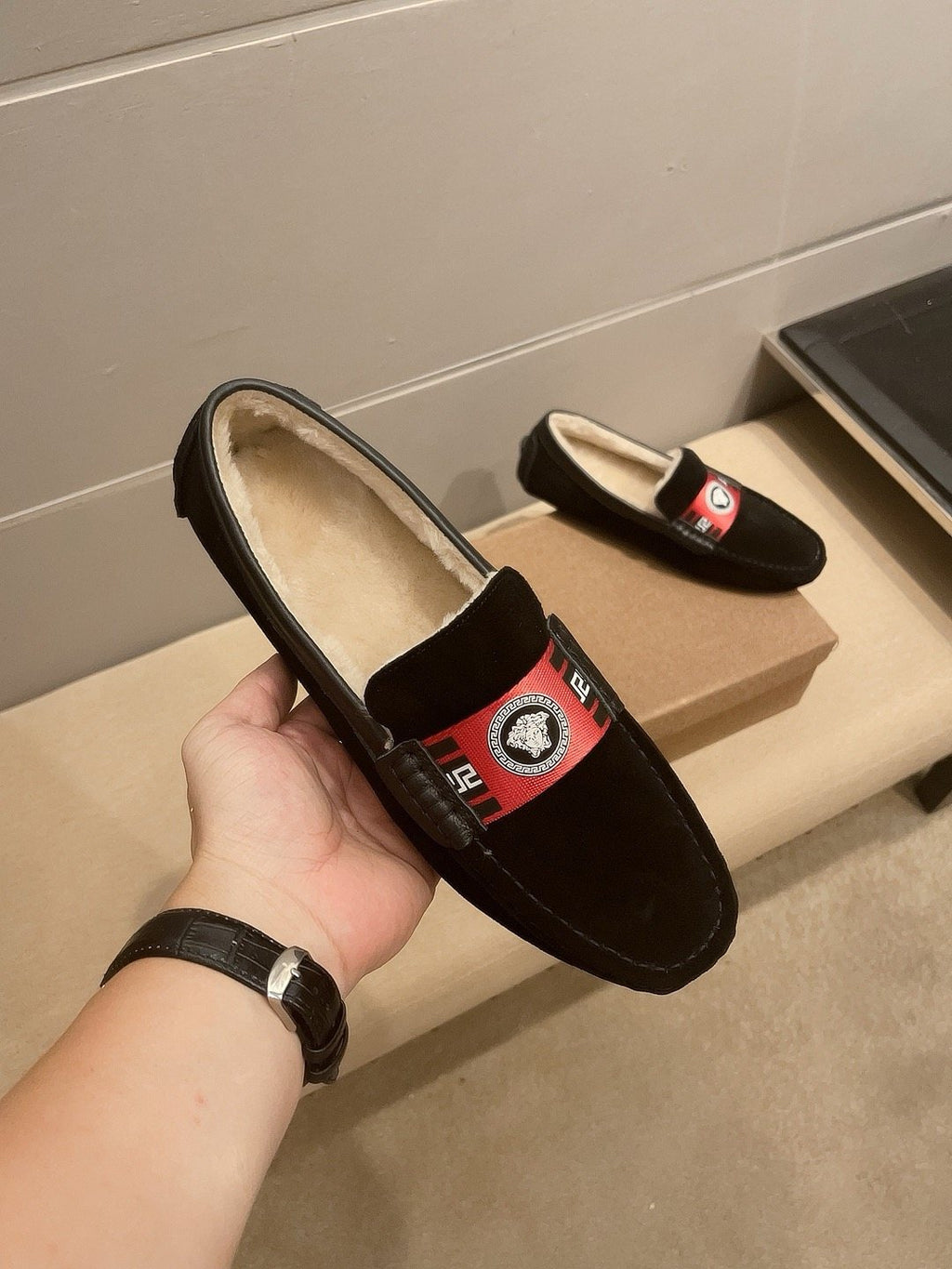 Versace Men's Black Red Accent Slip-On Loafers