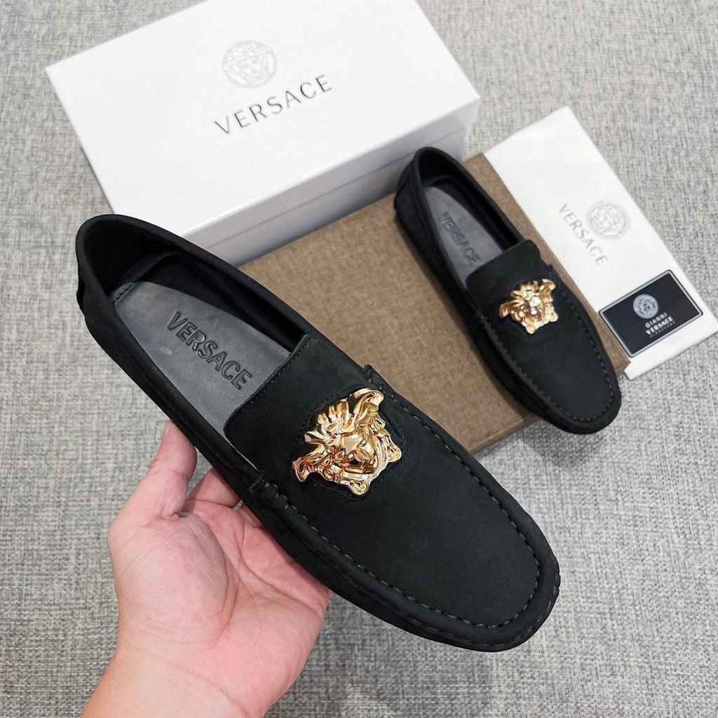 Versace Men's Black Gold-Tone Hardware Loafers - Contrast Stitching