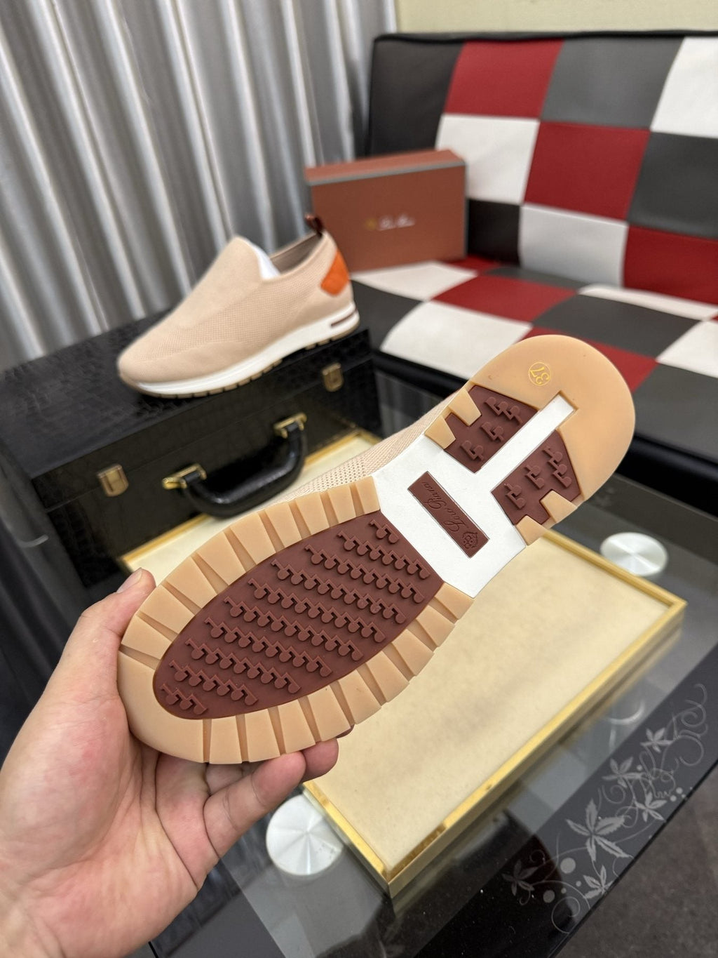 Men's Beige Slip-On Sneakers with Orange-Brown Heel Accent