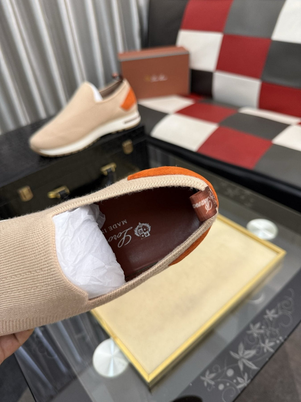 Men's Beige Slip-On Sneakers with Orange-Brown Heel Accent