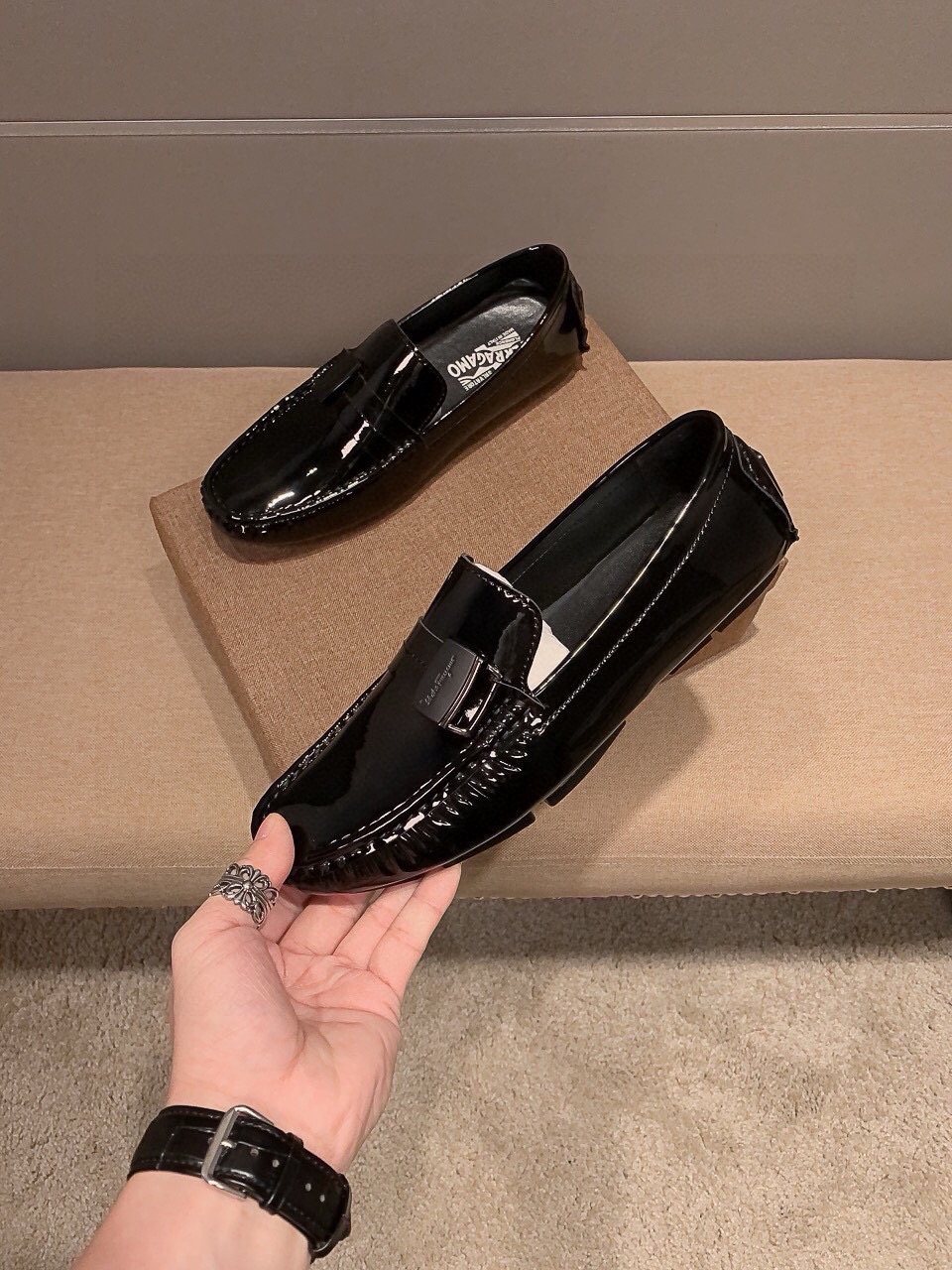 Ferragamo Black Patent Leather Loafers