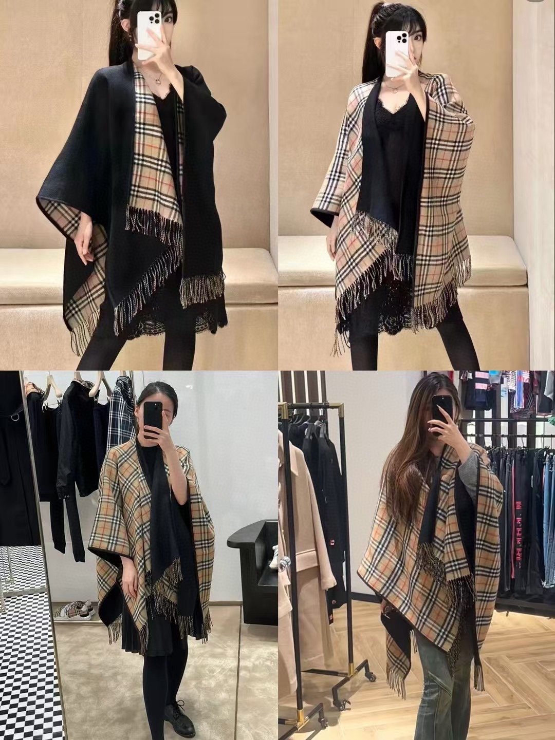 Burberry Reversible Plaid Fringed Poncho Wrap