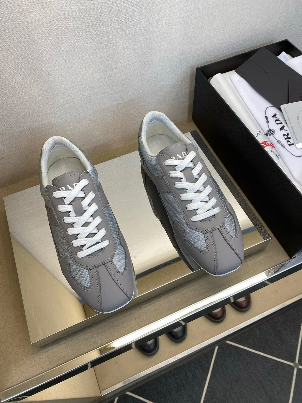 Prada Men's Gray and White Low-Top Sneakers