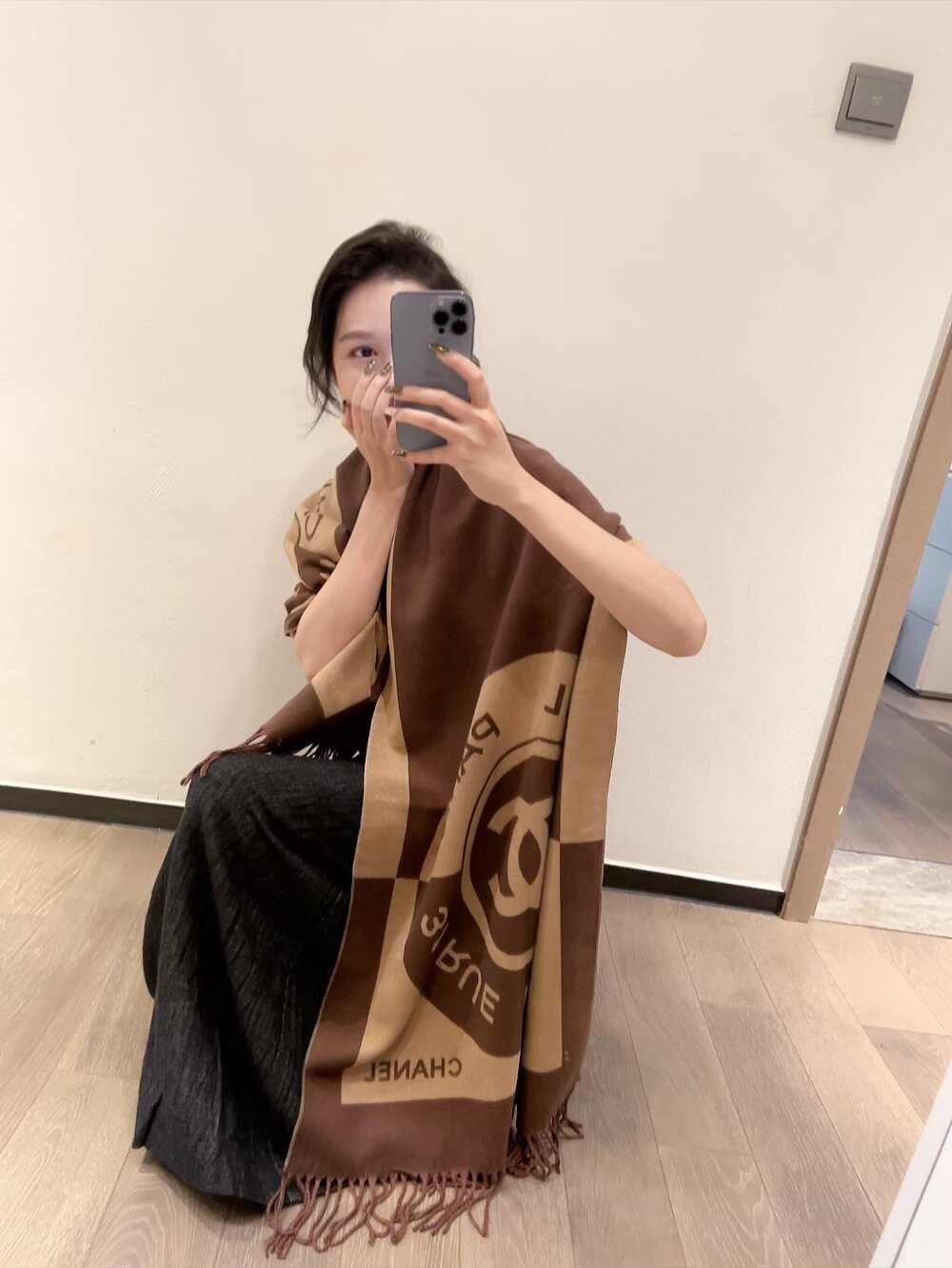 Chanel Brown Beige Fringed Scarf