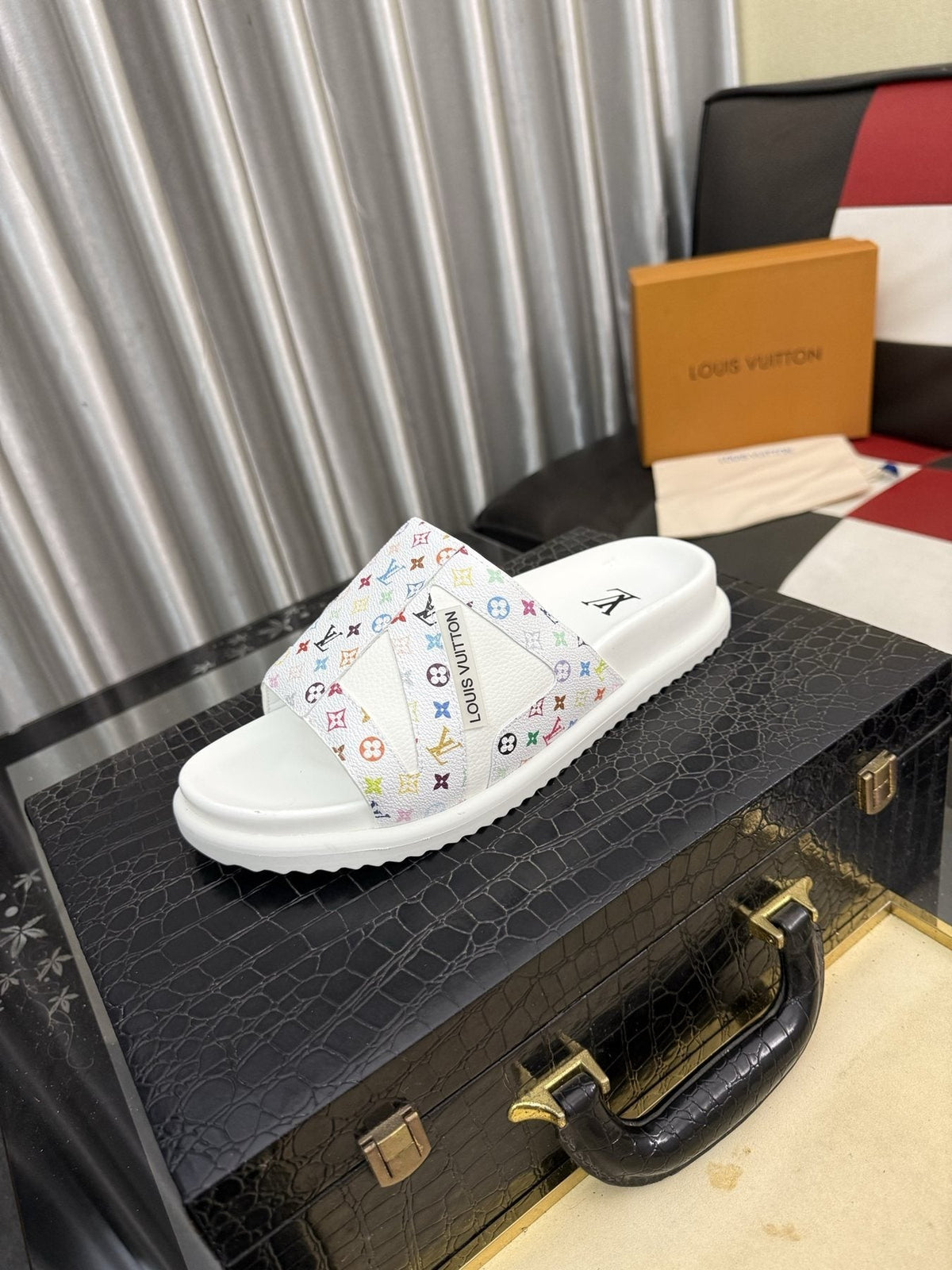 Louis Vuitton White Monogram Print Slide Sandals